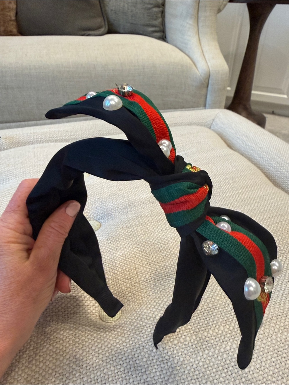 Source Unknown Black Headband with Red and Green Stripes and Pearl Accents - Picture 2 of 3
